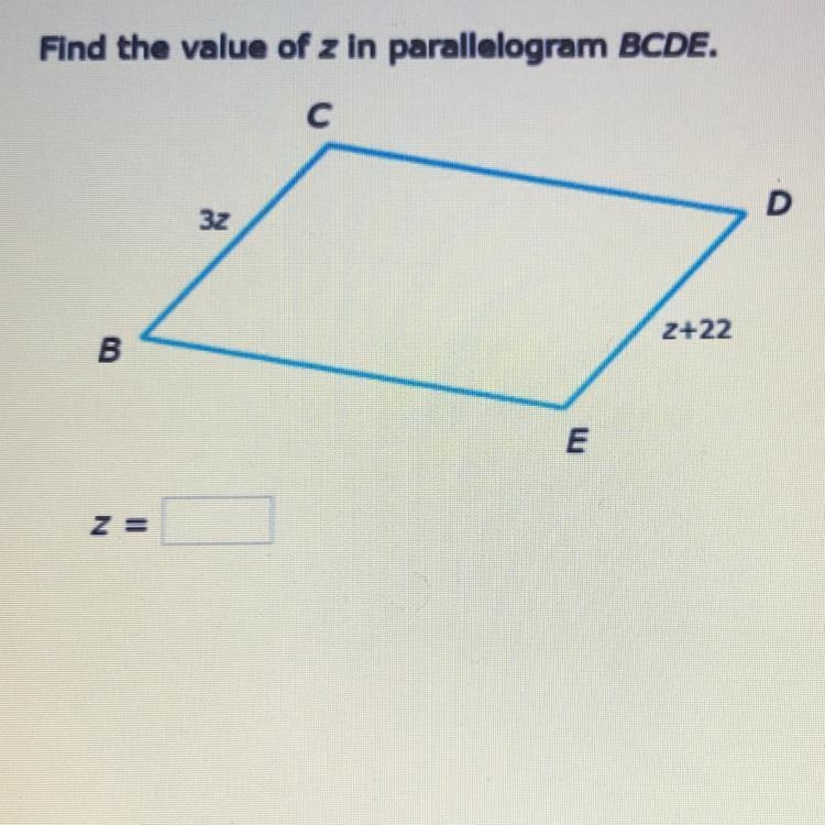 Find the value of z in parallelogram BCDE.-example-1