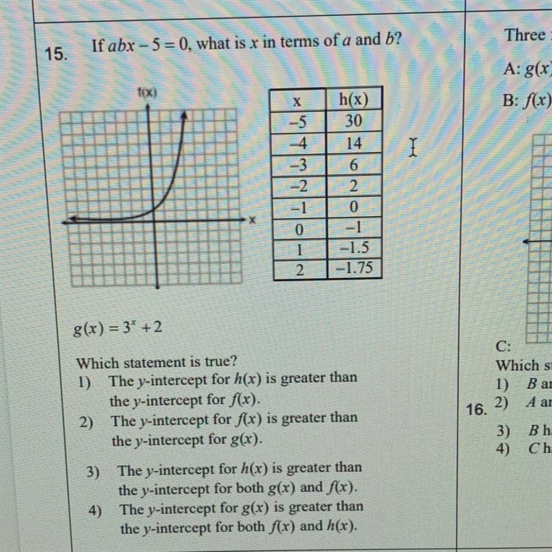 15. If abx - 5 =0, what is x in terms of a and b?f(x)X-5-4-3Ih(x)3014620-1-1.5-1.75-1012 8(x-example-1