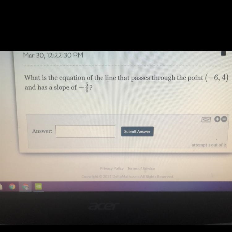 What is the equation of the line that passes through the point (-6,4) and has a slope-example-1