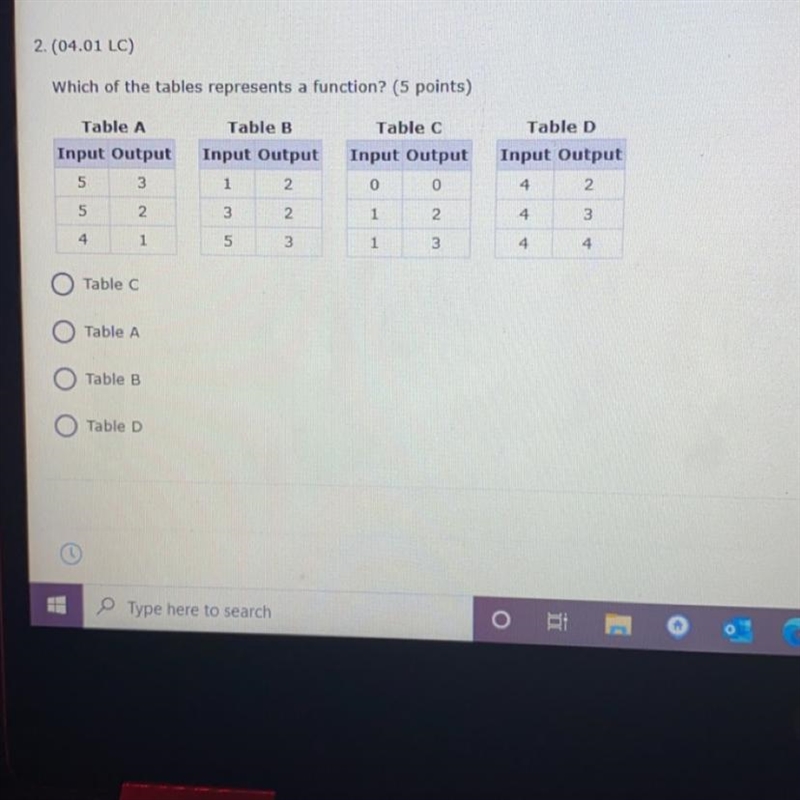 Which of the tables represents a function? (5 points) Table B Table C Table A Input-example-1