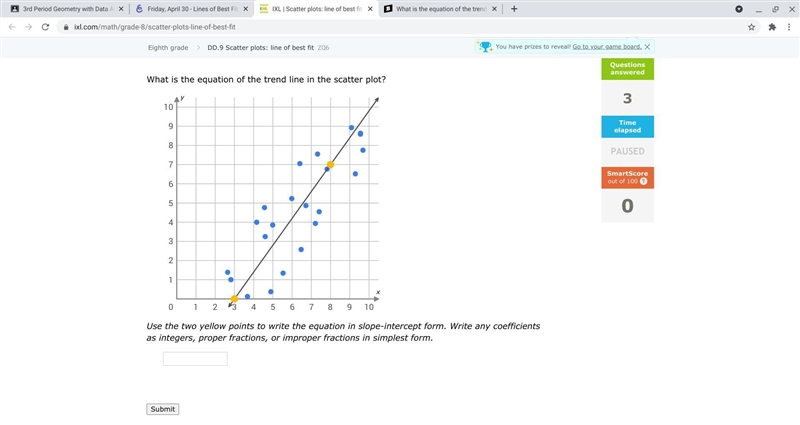 What is the equation of the trend line in the scatter plot? Use the two yellow points-example-1