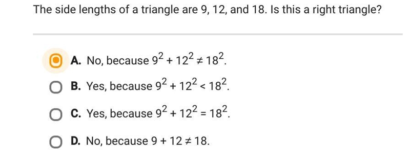 The side length of triangle are 9,12 and 18 . is this a right triangle.-example-1