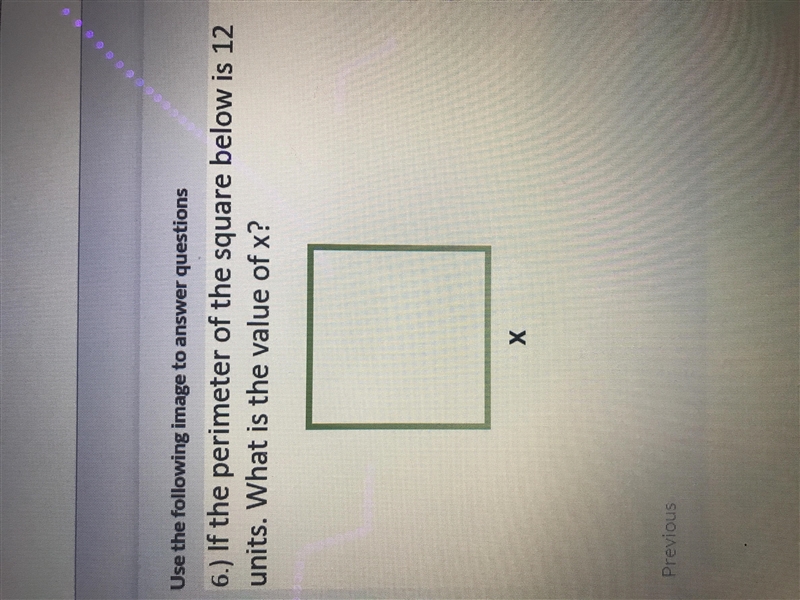 If the perimeter of the square below is 12 units. What is the value of x? Pls help-example-1