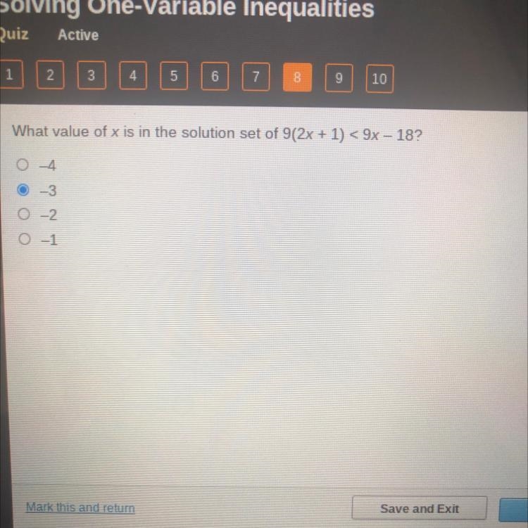 What value of x is in the solution set of 9(2x + 1) < 9x - 18?-example-1