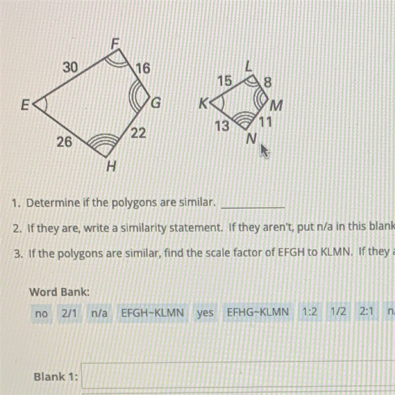 1. Determine if the polygons are similar. 2. If they are, write a similarity statement-example-1