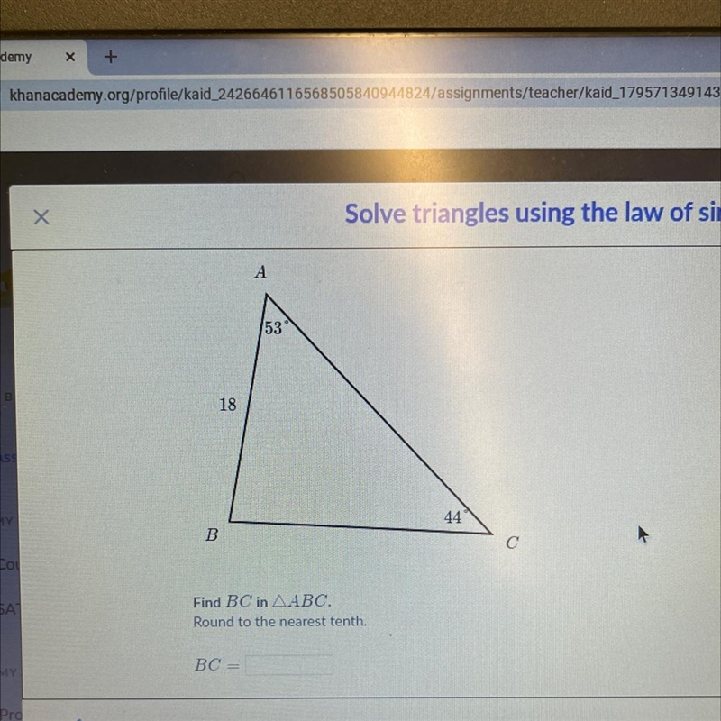 KHAN ACADEMY Find BC in AABC. Round to the nearest tenth. BC=-example-1