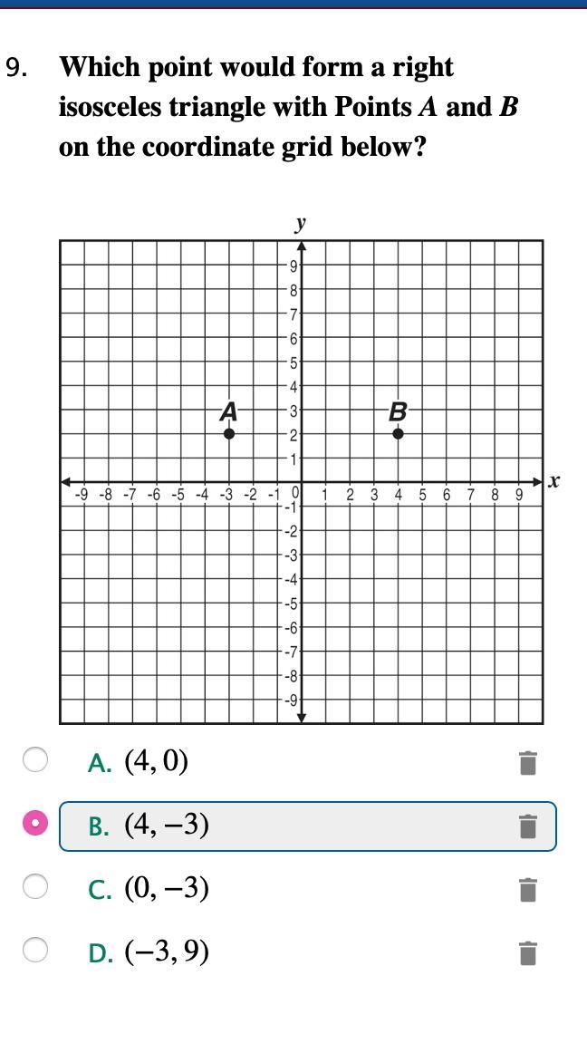 Which point would form a right isosceles triangle with Points A and B on the coordinate-example-1