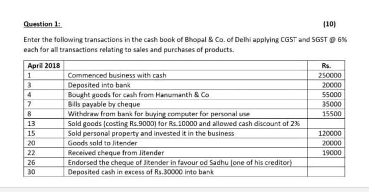 Enter the following in the cash book applying cgst and sgst at 6% each for all transactions-example-1