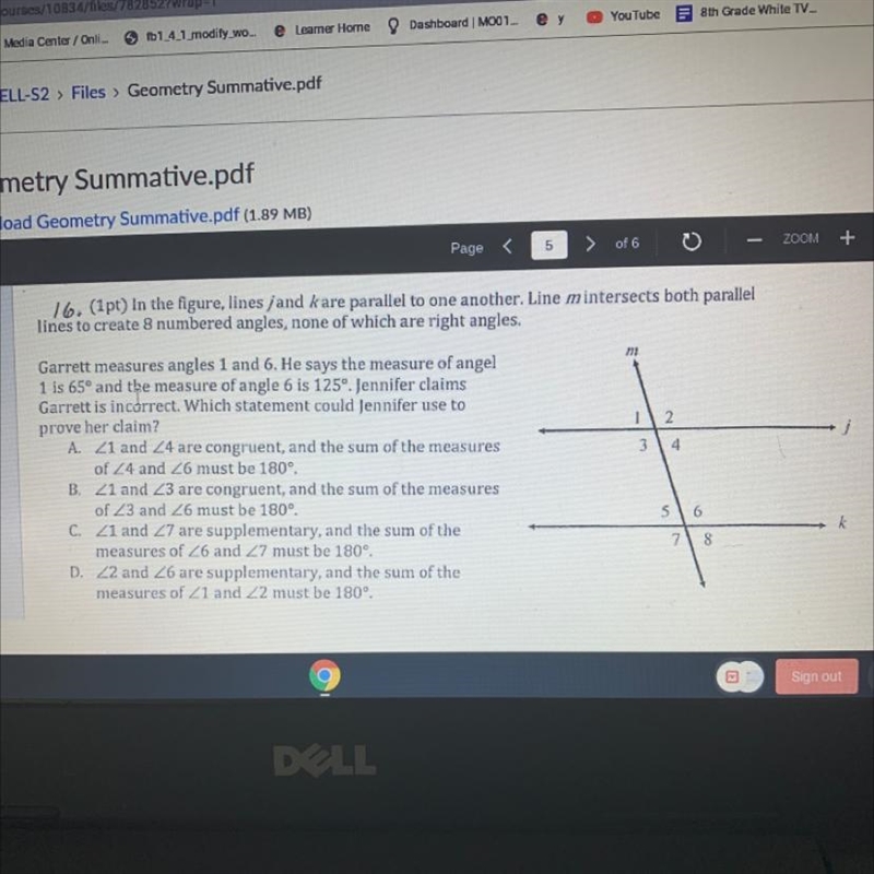 16. (1pt) in the figure, lines jand kare parallel to one another. Line mintersects-example-1