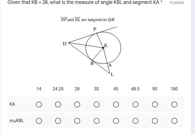 Given that KB = 28, what is the measure of angle KBL and segment KA-example-1