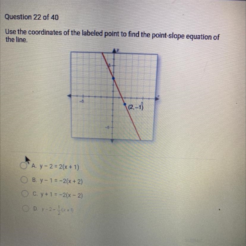 Use the coordinates of the labeled point to find the point-slope equation of the line-example-1