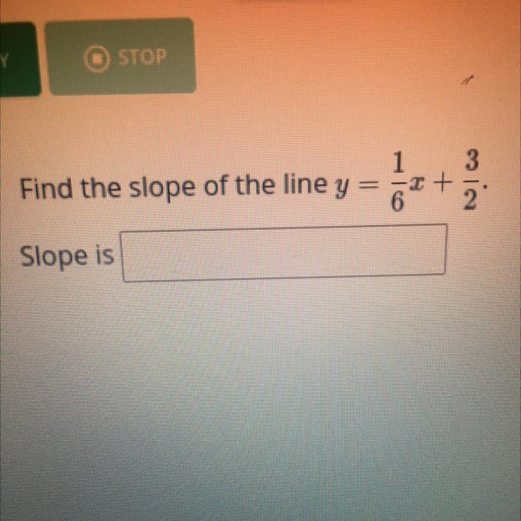 Find the slope of the line y = 1/6x + 3/2-example-1