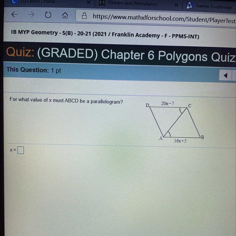 For what value of x must ABCD be a parallelogram?-example-1