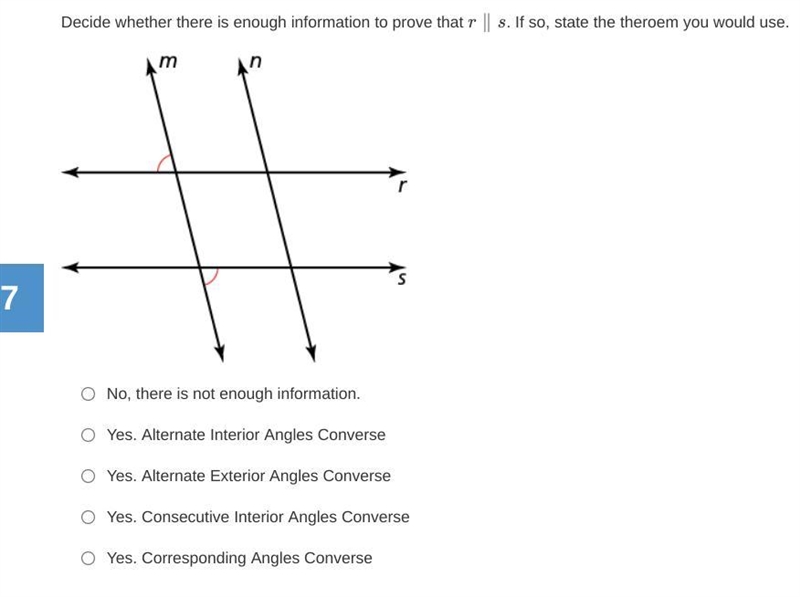 Decide whether there is enough information to prove that r∥s. If so, state the theroem-example-1