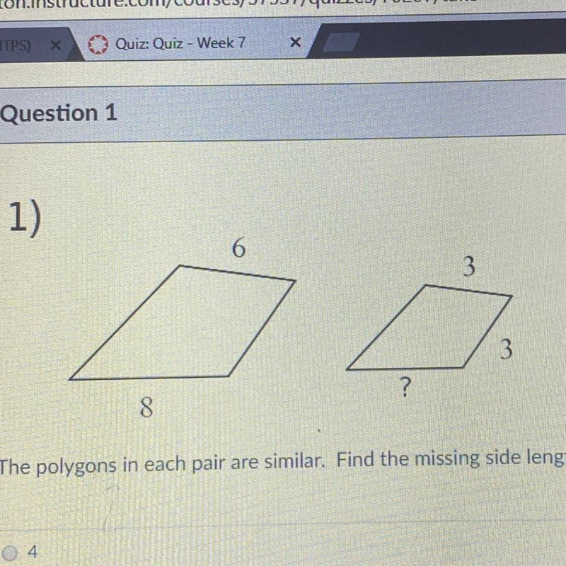 The polygons in each pair are similar. Find the missing side length. A.4 B.3 C.3 D-example-1