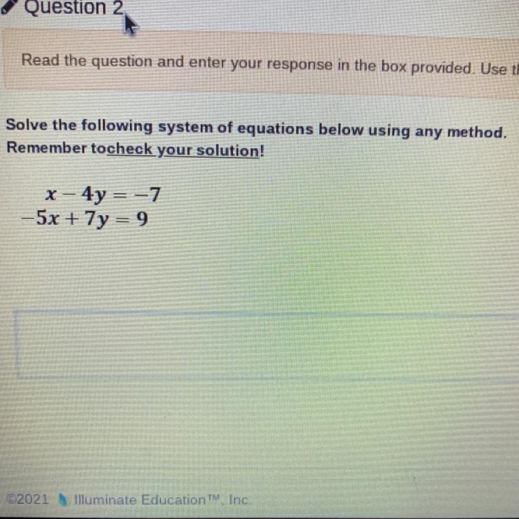 Solve the following system of equations below using any method. Remember to check-example-1