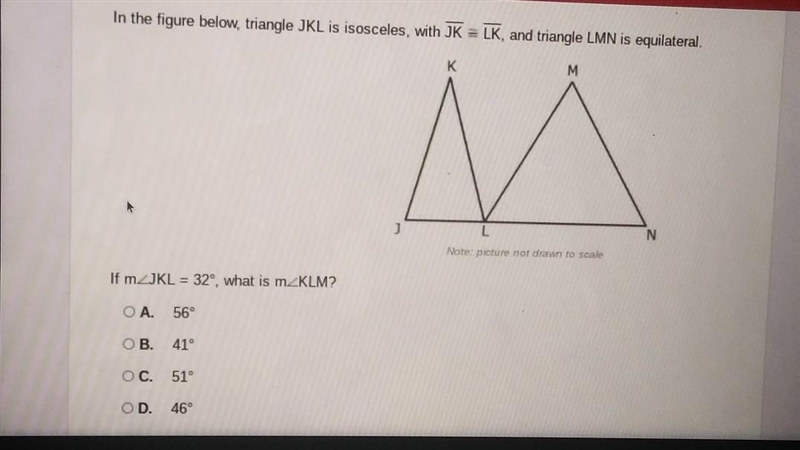 In the figure below, triangle JKL is isosceles, with JK = LK, and triangle LMN is-example-1