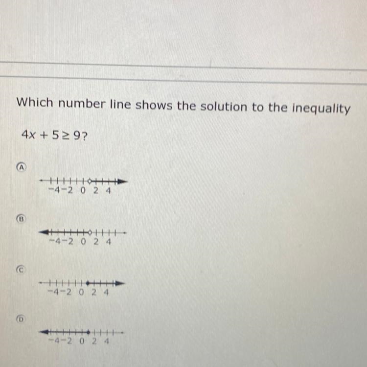 Which number line shows the solution to the inequality 4x + 52 92 - 4 2 0 2 4 ( HH-example-1