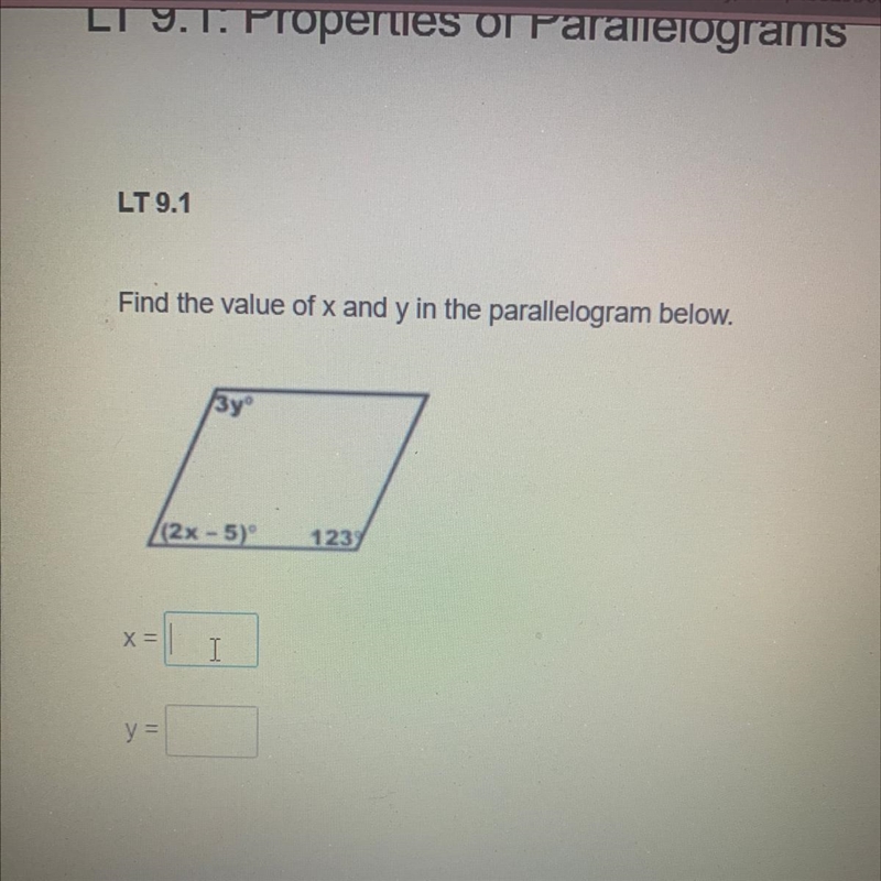 Find the value of x and y in the parallelogram below-example-1