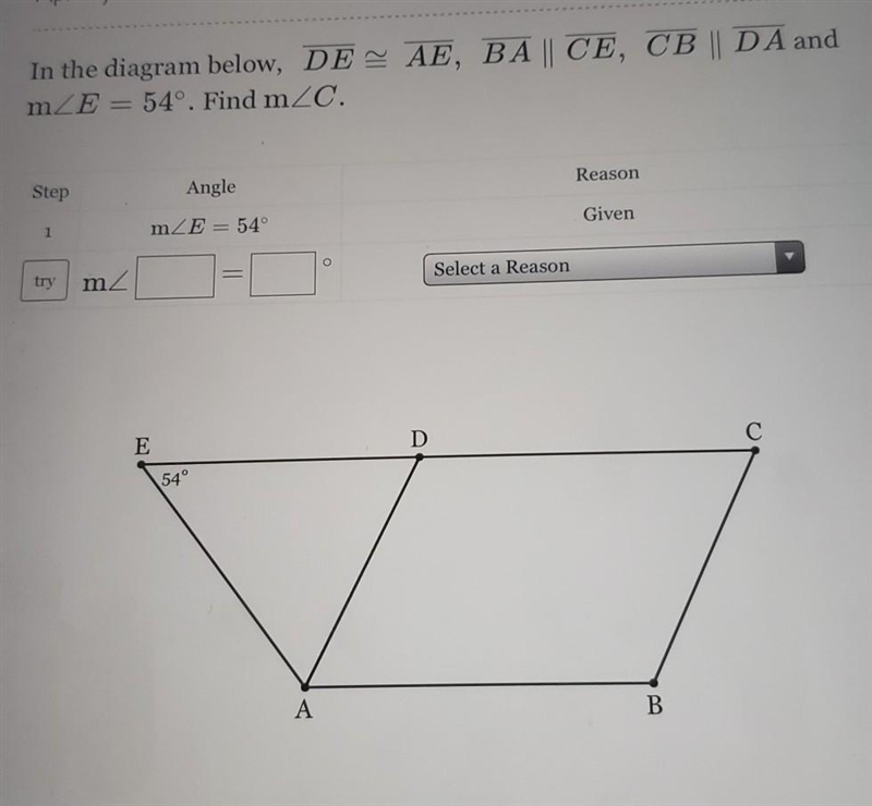 PLEASE HELP I DONT UNDERSTAND In the diagram below, DE AE, BA | CE, CB || D A and-example-1