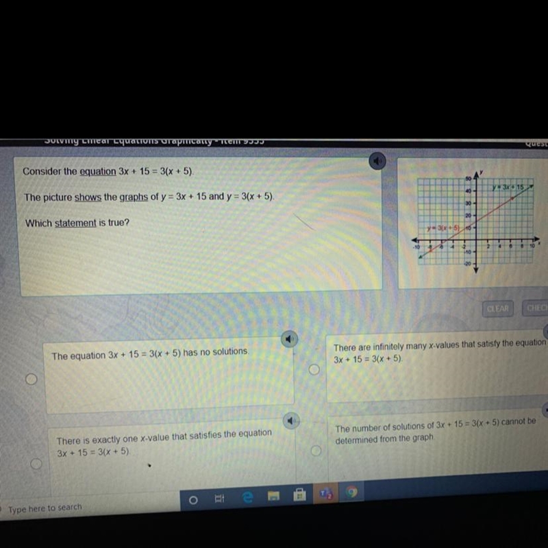 Consider the equation 3x + 15 = 3(x + 5). The picture shows the graphs of y = 3x + 15 and-example-1