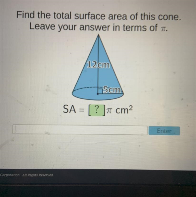 Find the total surface area of this cone. Leave your answer in terms of pie.-example-1