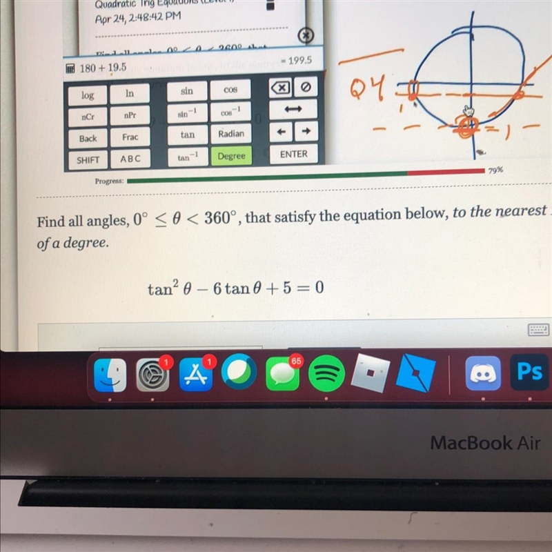 Find all angles, 0° of a degree. tan^2 theta - 6tan theta + 5 = 0 (can you PLEASE-example-1