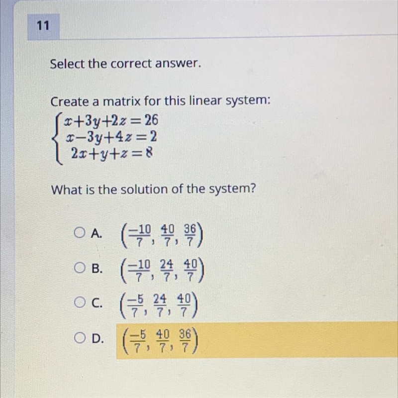 Create a matrix for this linear system: (x+3y+22 = 26 x-3y+4z=2 2x+y+z = 8 What is-example-1