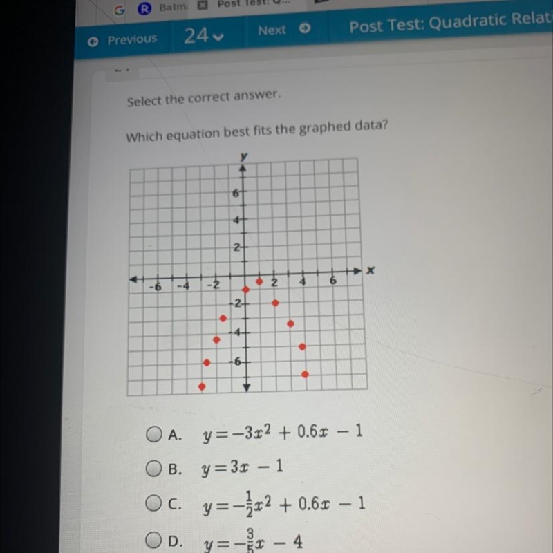 Which equation best fits the graphed data? 6+ 4+ 2+ +X -6 -4 - 2 2 6 N -2+ . . -4 -6+-example-1