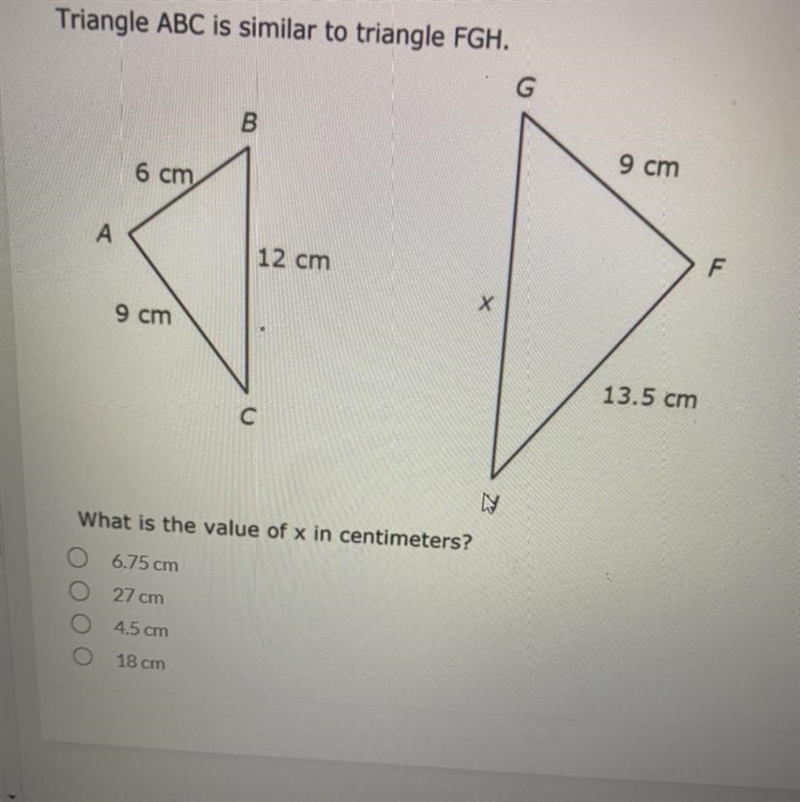 Triangle ABC is similar to triangle FGH. What is the value of x in centimeters?-example-1