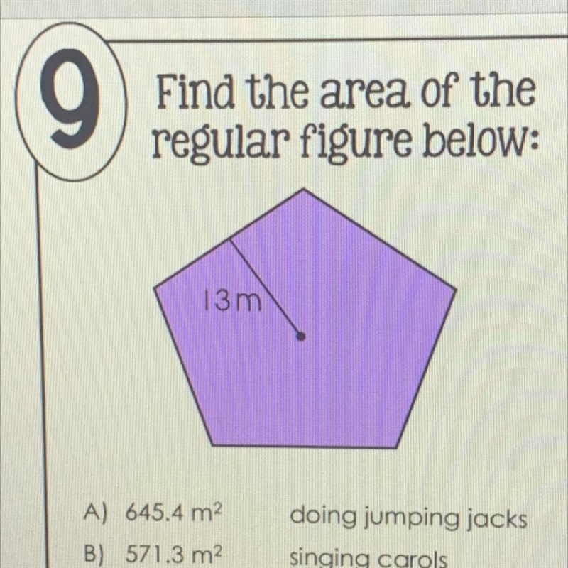 Find the area of the regular figure below: A) 645.4 m2 B) 571.3 m2 C) 624.7 m2 D) 590.2 m-example-1