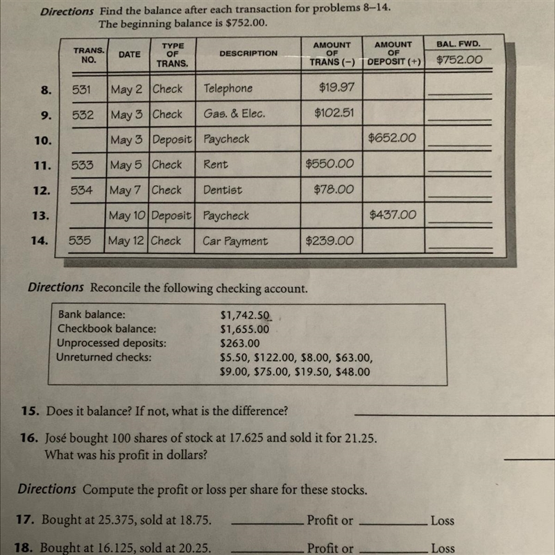 Find the balance after each transaction for problems 8–14. The beginning balance is-example-1