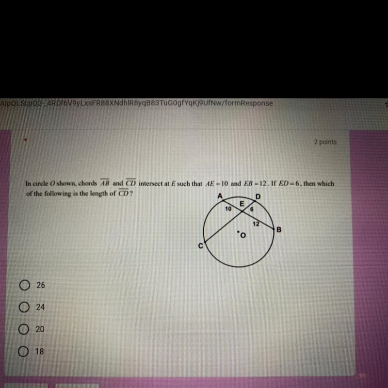 In circle O shown, chords AB and CD intersect at E such that AE=10 and EB=12. if ED-example-1