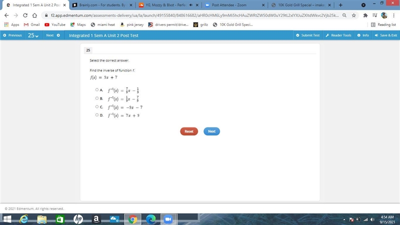 Select the correct answer. Find the inverse of function f. f(x)=9x+7-example-1