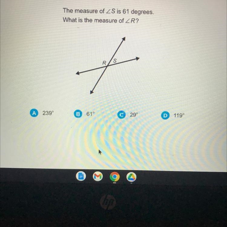 The measure of ZS is 61 degrees. What is the measure of ZR? R. S.-example-1