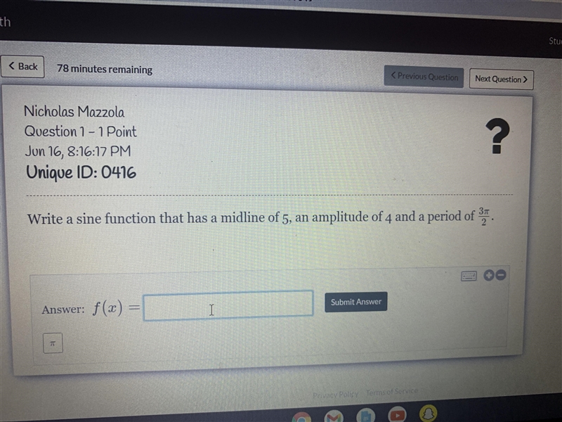 Write a sine function that has a midline of 5, an amplitude of 4 and a period of 3pi-example-1