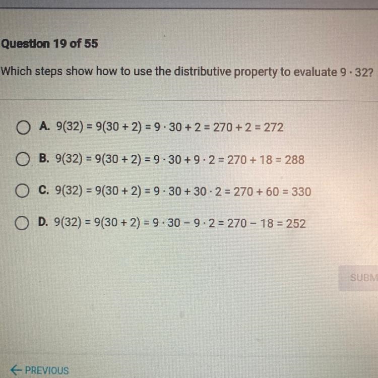 Which steps show how to use the distributive property to evaluate 9.32?-example-1