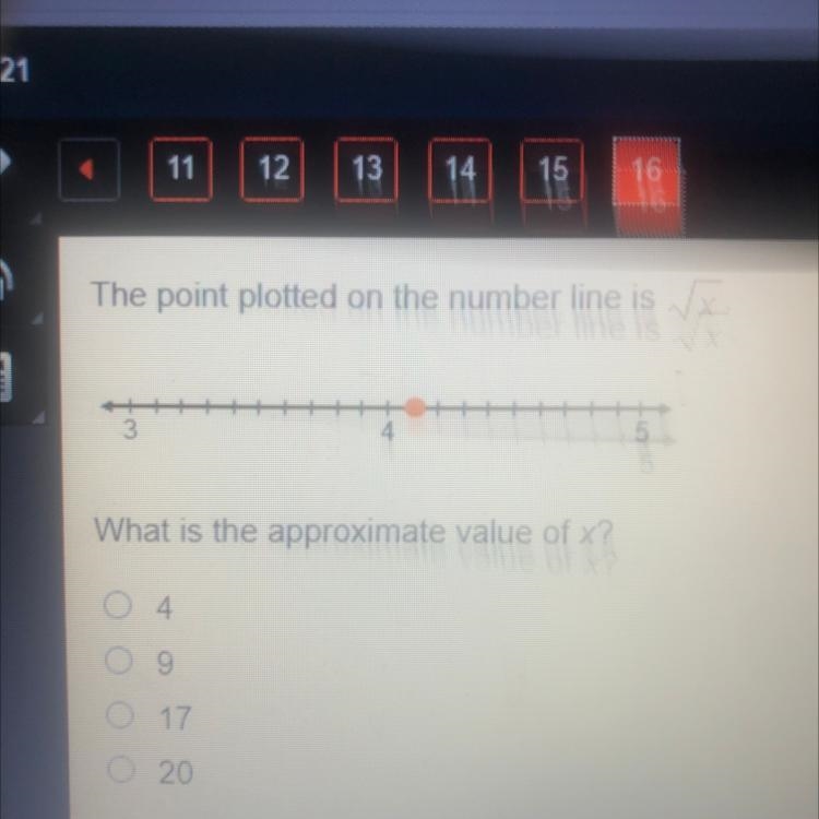 Which is the approximate value of x? 4 9 17 20-example-1