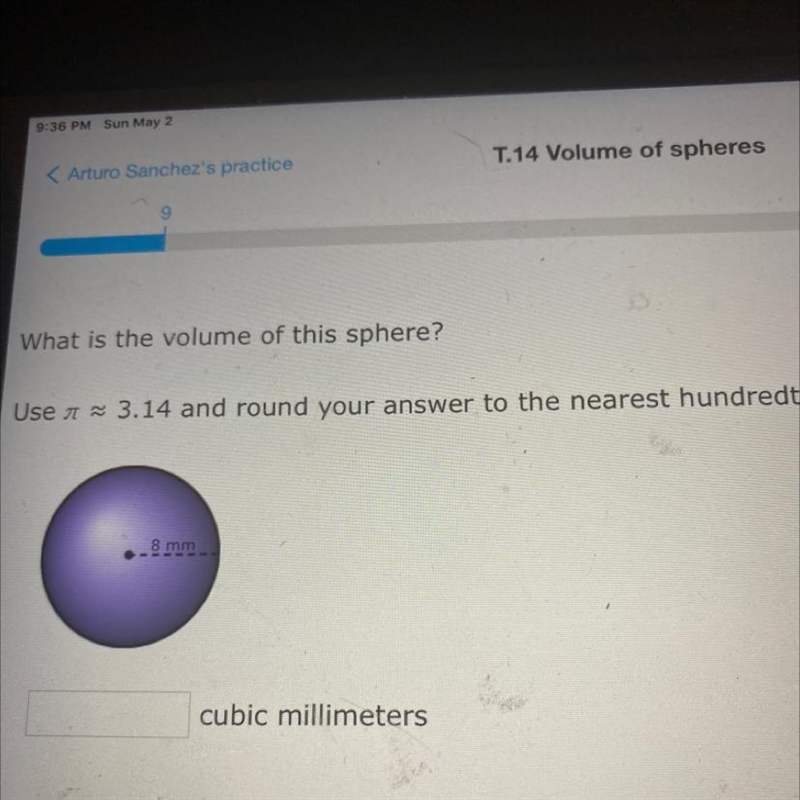 What is the volume of this sphere? Use A = 3.14 and round your answer to the nearest-example-1