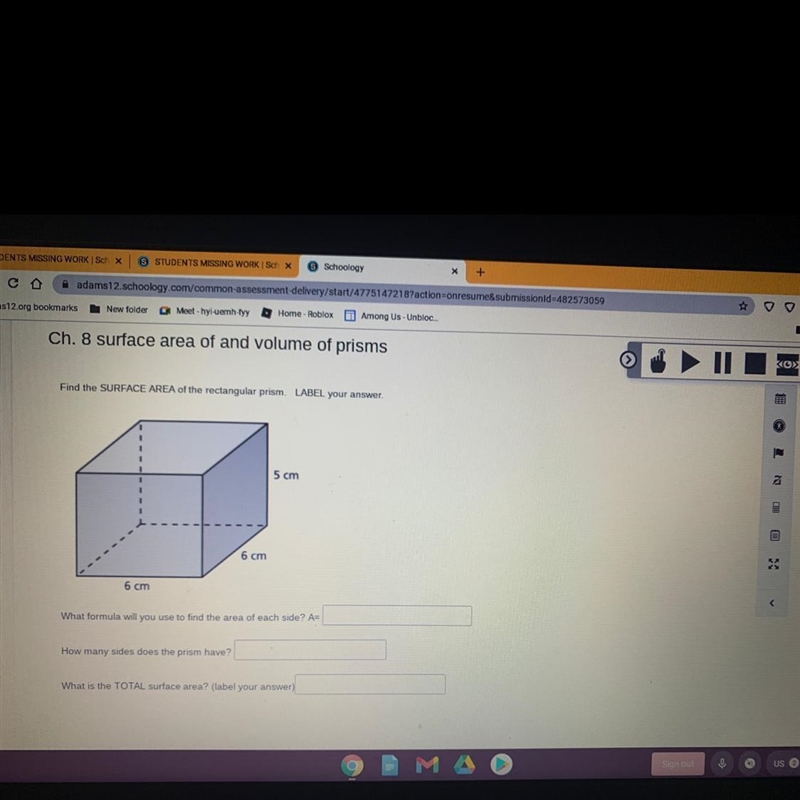 Find the SURFACE AREA of the rectangular prism. LABEL your answer. 5 cm 6 cm 6 cm-example-1