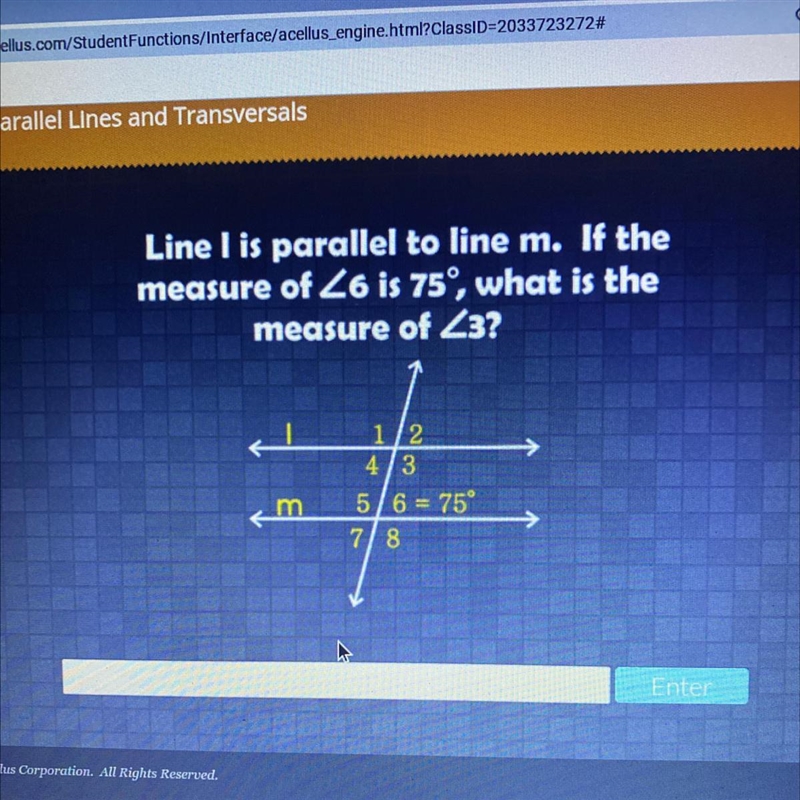 Line I is parallel to line m. If the measure of Z6 is 75°, what is the measure of-example-1