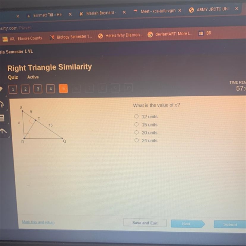 What is the value of x? 9 0 12 units X 16 15 units 20 units R 0 24 units-example-1