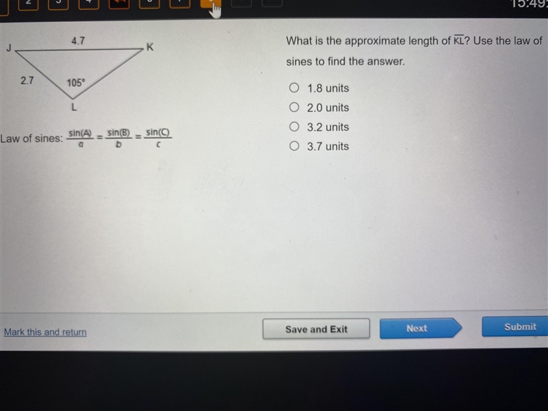 What is the approximate length of KL? Use the laws of sines find the answer-example-1