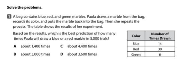 A bag contains blue, red, and green marbles. Paola draws a marble from the bag, records-example-1