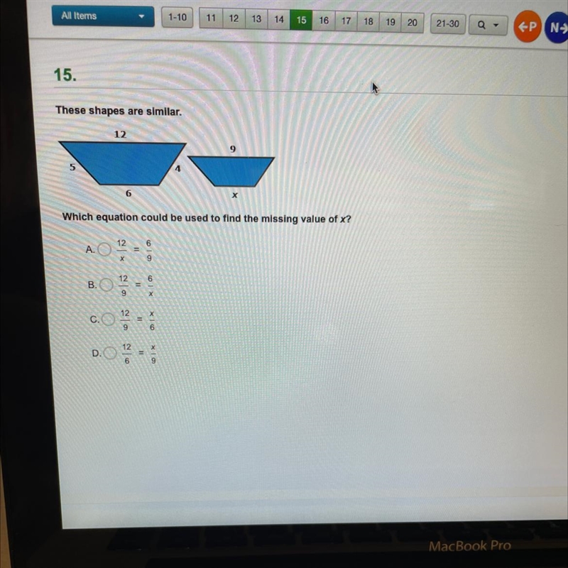 15. These shapes are similar. 12 9 5 4 6 Which equation could be used to find the-example-1