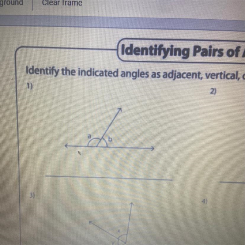 Can someone tell me if this is a adjacent ,vertical or linear-example-1