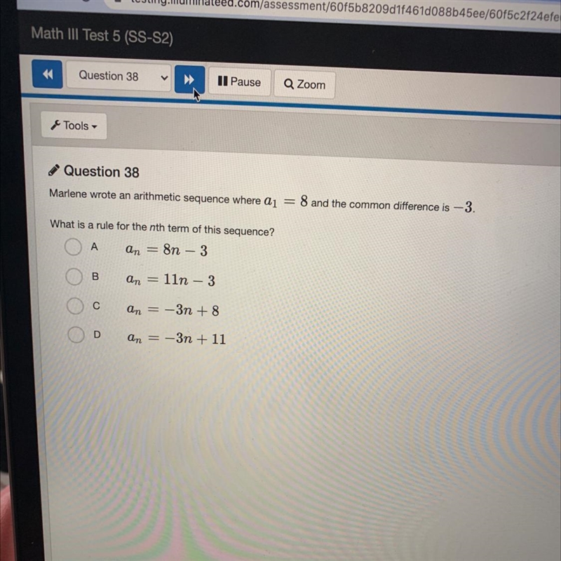 PLEASE HELP 25 MINUTES LEFT 38 Marlene wrote an arithmetic sequence where al = 8 and-example-1