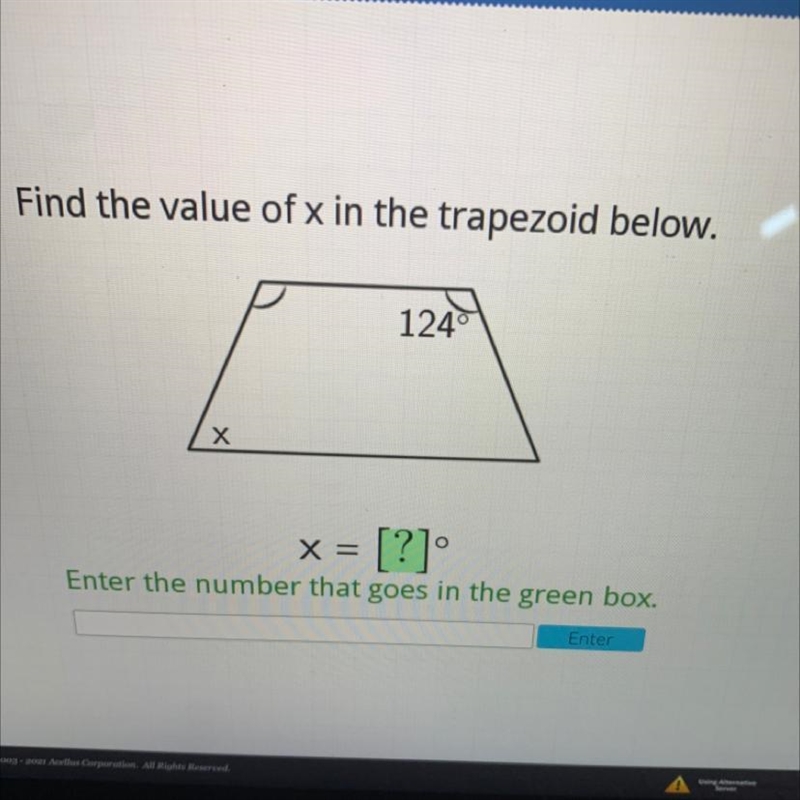 Find the value of x in the trapezoid below. 124°-example-1