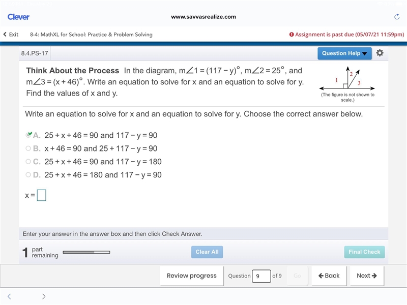 Think About the Process In the​ diagram, m∠1=(117−y)°​, m∠2=25°​, and m∠3=(x+46)°. Write-example-1