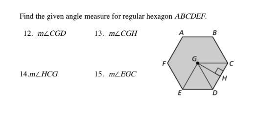 Find the given angle measure for regular hexagon ABCDEF. I would like all 4 answers-example-1